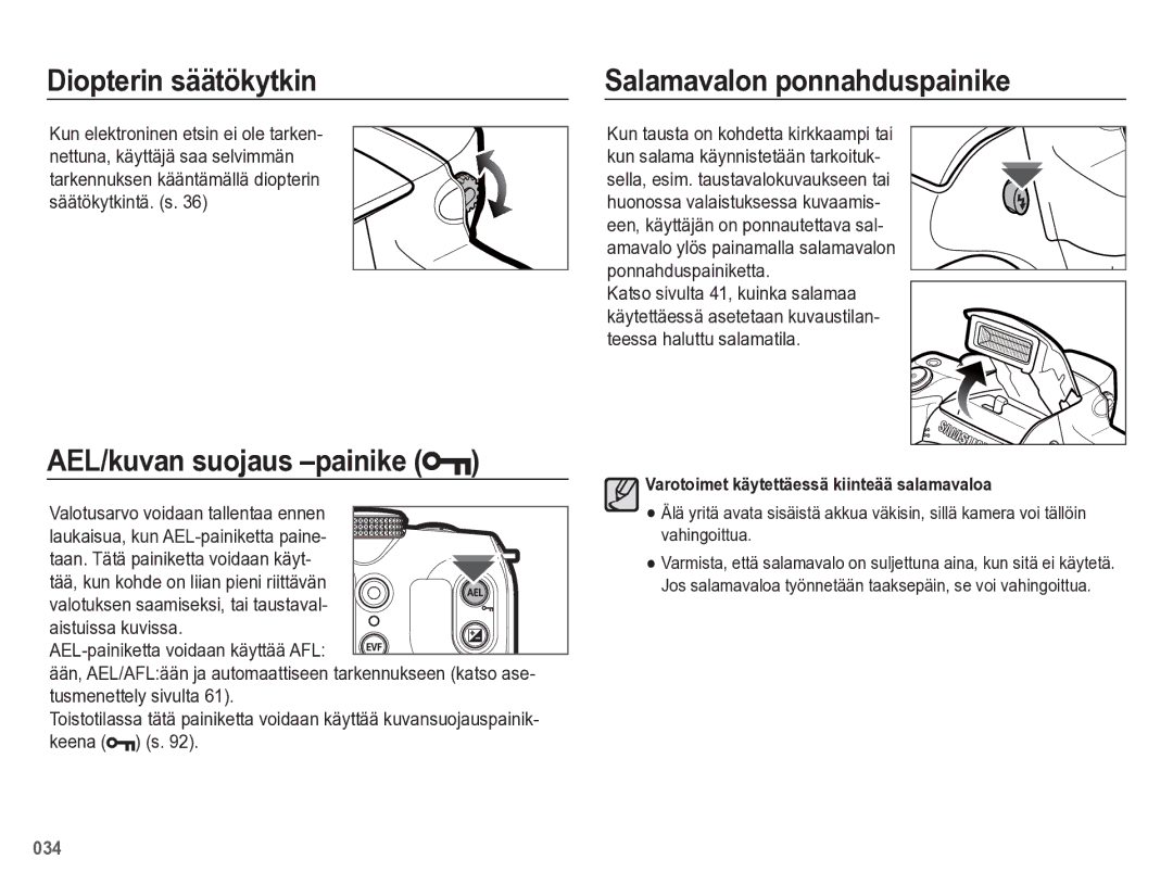 Samsung EC-WB5500BPBE2 manual Diopterin säätökytkin, AEL/kuvan suojaus -painike, Salamavalon ponnahduspainike, Keena 