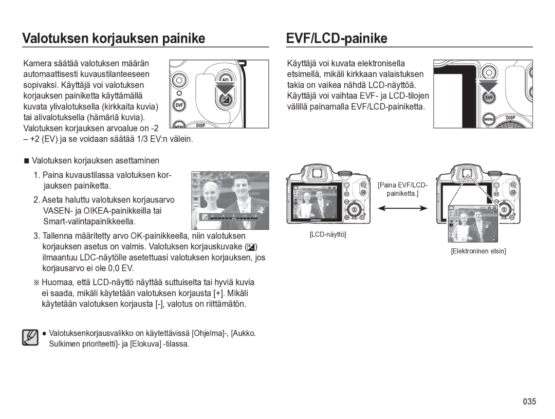 Samsung EC-WB5500BPBE2 manual Valotuksen korjauksen painike, EVF/LCD-painike 