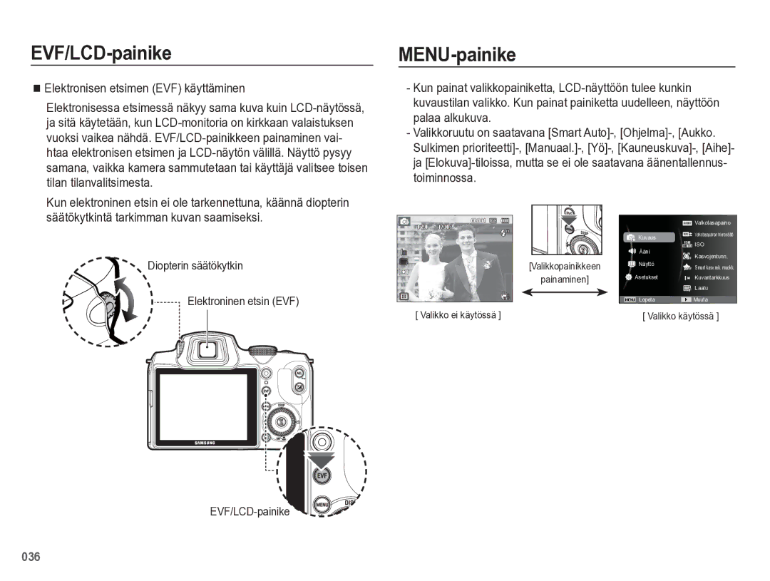 Samsung EC-WB5500BPBE2 manual MENU-painike, Elektronisen etsimen EVF käyttäminen 