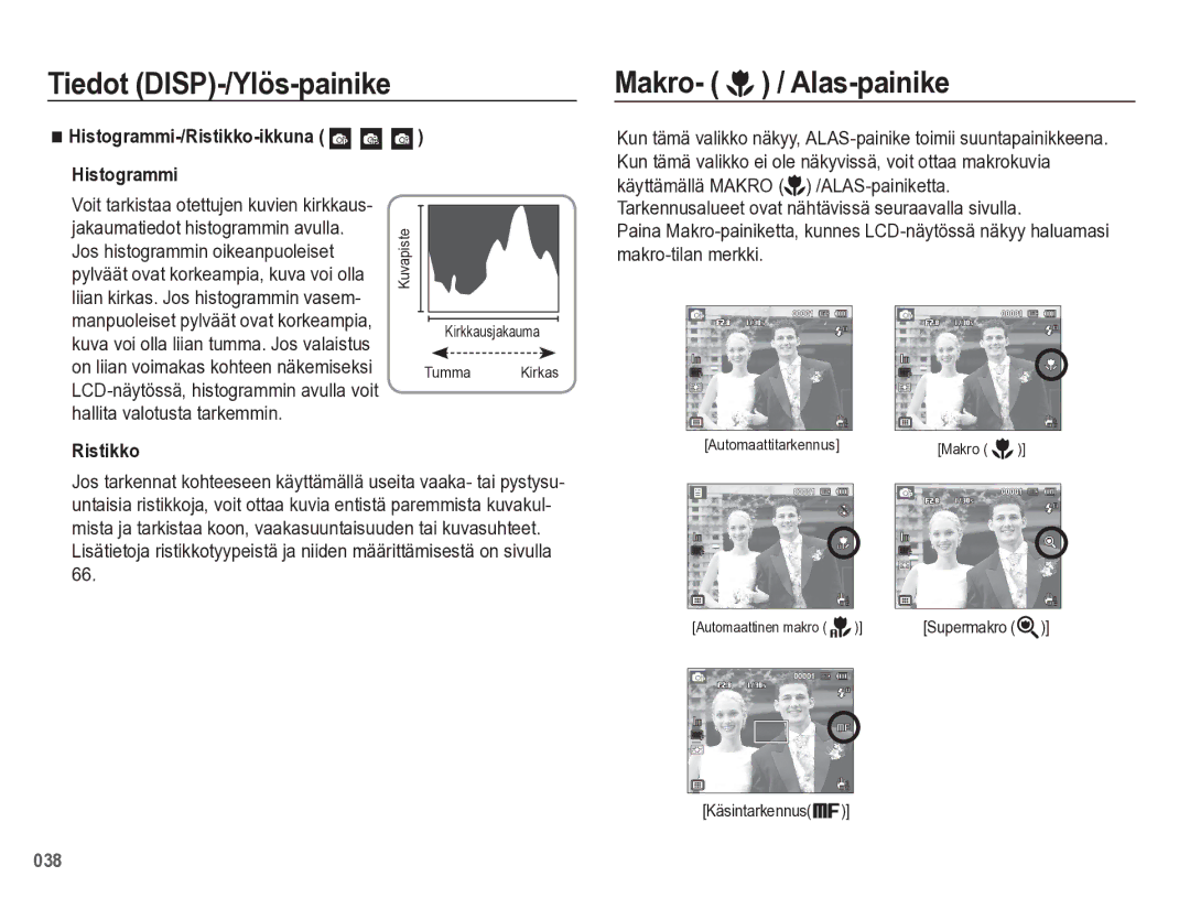 Samsung EC-WB5500BPBE2 manual Makro- / Alas-painike, Käsintarkennus 