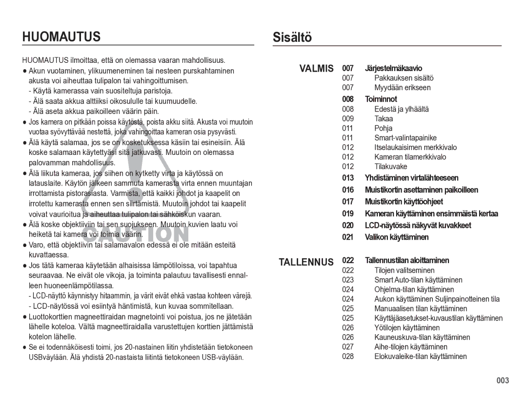 Samsung EC-WB5500BPBE2 manual Sisältö, Pakkauksen sisältö Myydään erikseen 