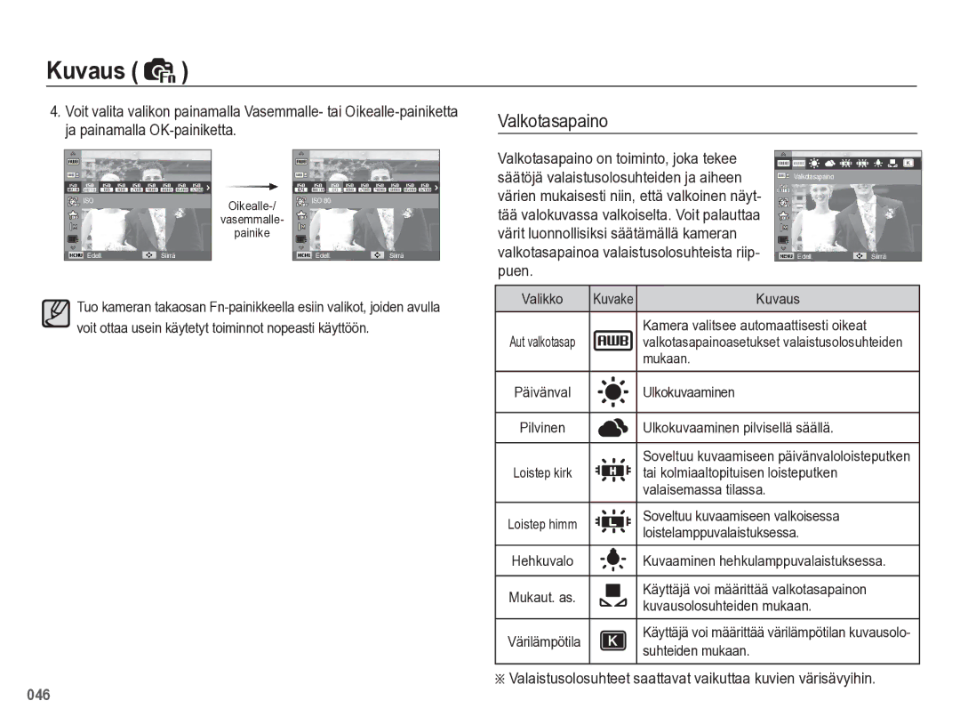 Samsung EC-WB5500BPBE2 manual Valkotasapaino, Värit luonnollisiksi säätämällä kameran, Puen 