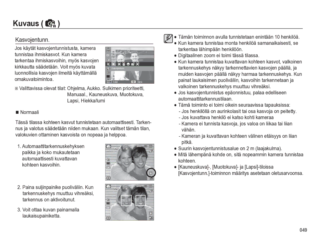 Samsung EC-WB5500BPBE2 manual Kasvojentunn, Normaali 