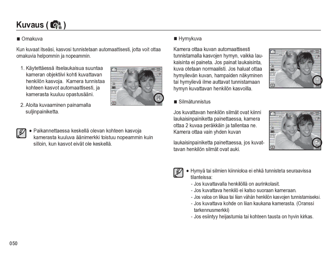 Samsung EC-WB5500BPBE2 manual Hymykuva, Silmätunnistus, Kamera ottaa vain yhden kuvan 