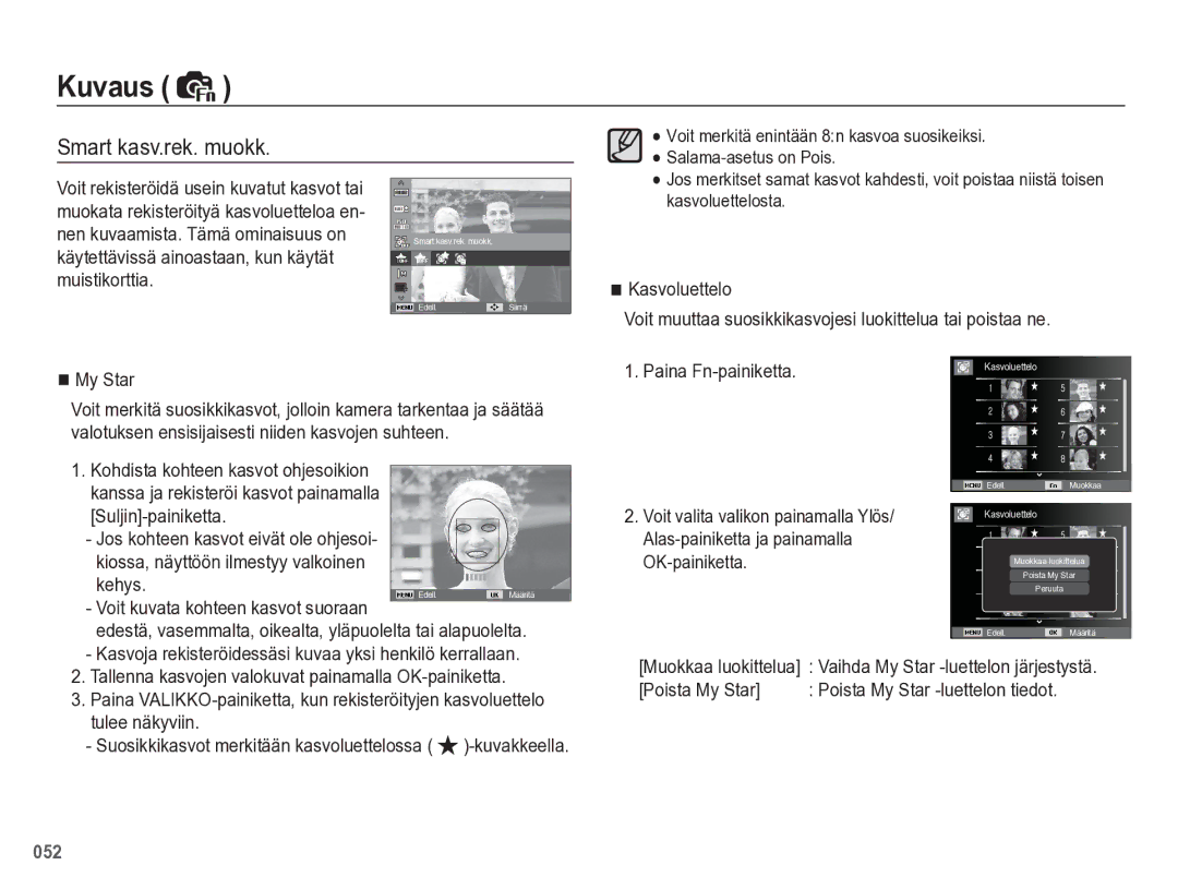 Samsung EC-WB5500BPBE2 manual Smart kasv.rek. muokk, Kehys, OK-painiketta, Poista My Star 