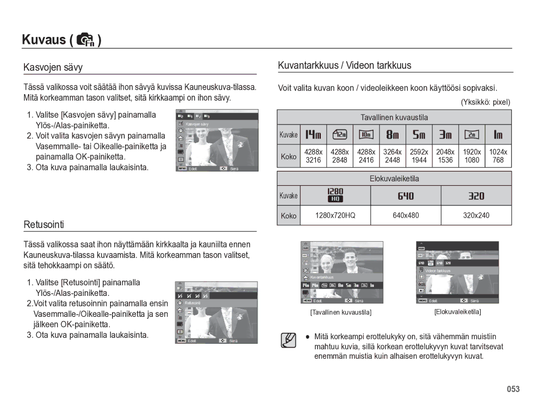 Samsung EC-WB5500BPBE2 manual Kuvantarkkuus / Videon tarkkuus, Retusointi 