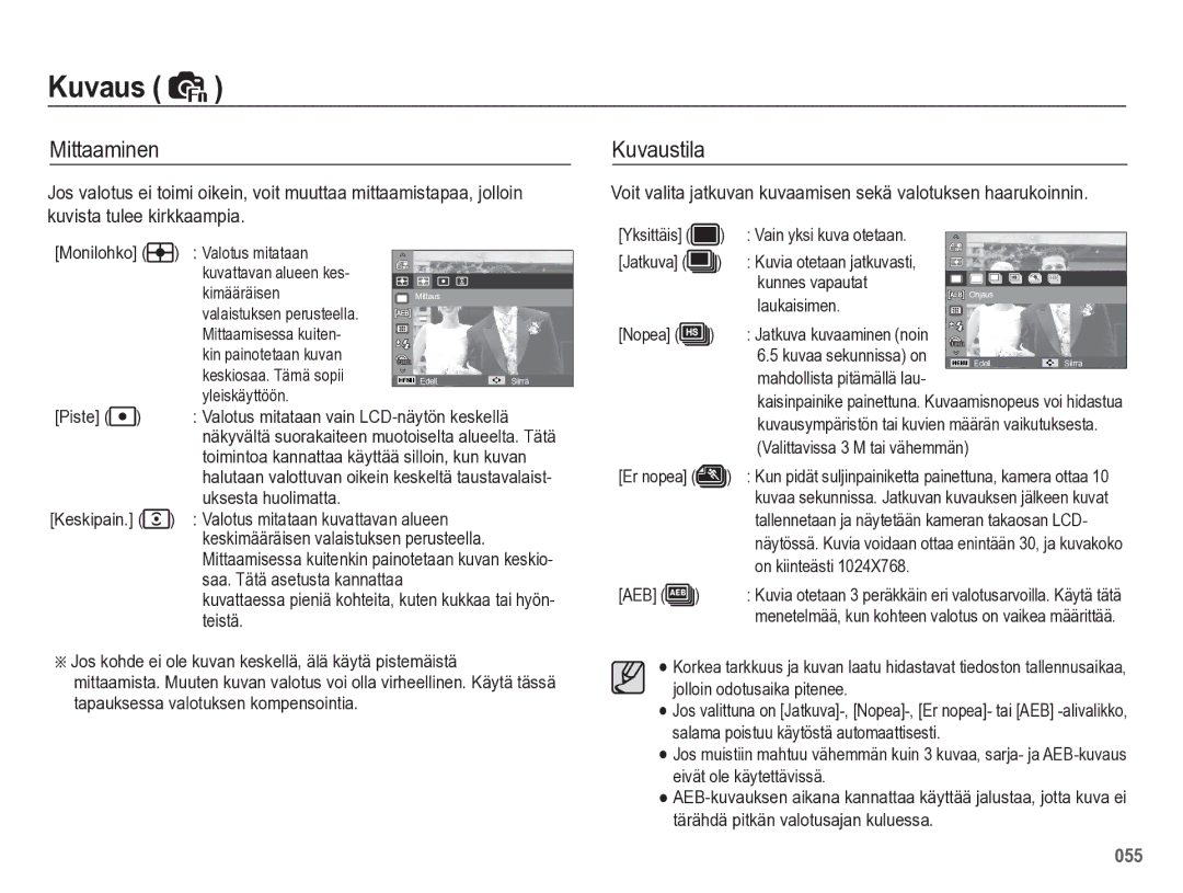 Samsung EC-WB5500BPBE2 manual Mittaaminen, Kuvaustila 