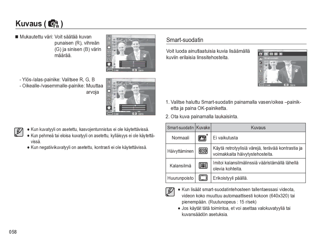 Samsung EC-WB5500BPBE2 manual Smart-suodatin, Ja sinisen B värin määrää, Ylös-/alas-painike Valitsee R, G, B 