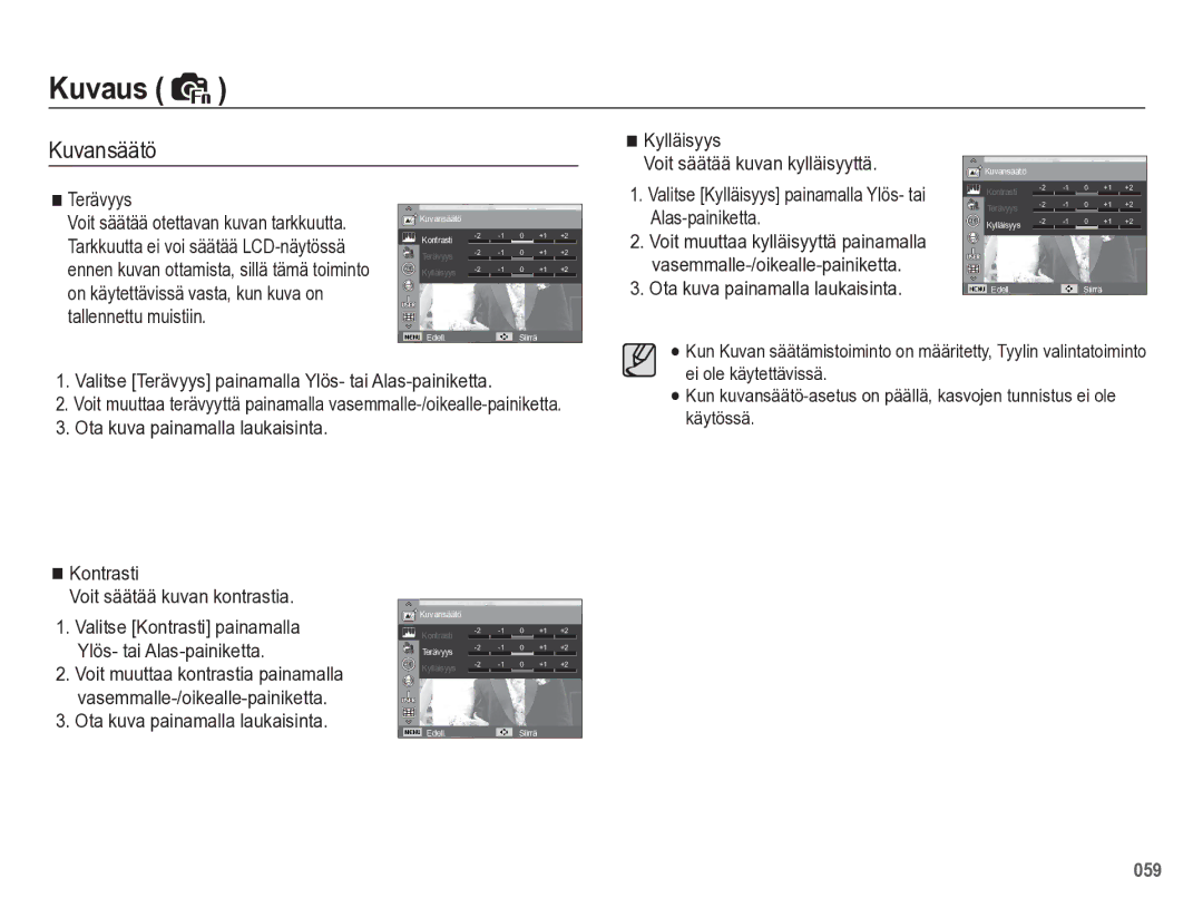 Samsung EC-WB5500BPBE2 manual Kuvansäätö, Kylläisyys Voit säätää kuvan kylläisyyttä, Terävyys 