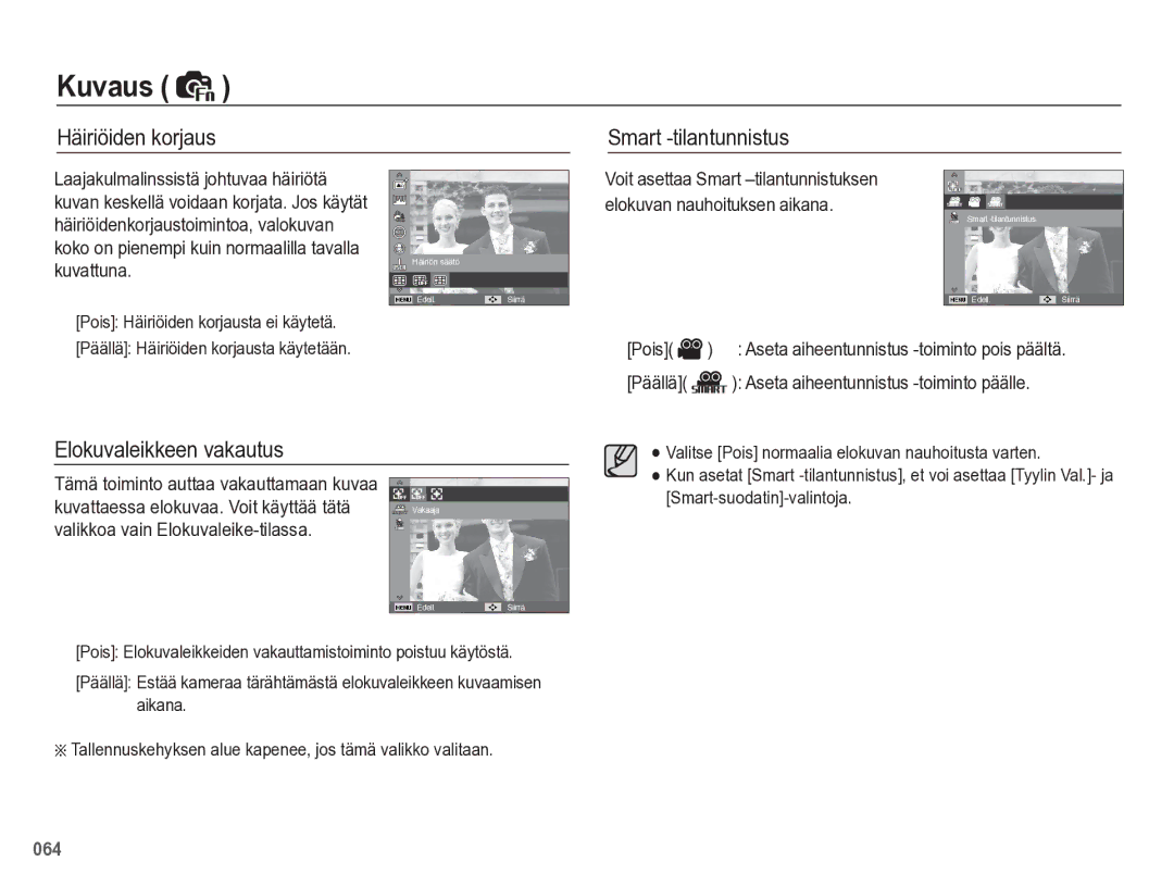 Samsung EC-WB5500BPBE2 manual Häiriöiden korjaus Smart -tilantunnistus, Elokuvaleikkeen vakautus, Pois 