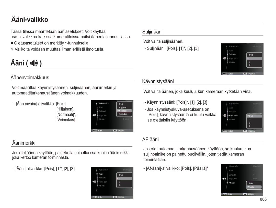 Samsung EC-WB5500BPBE2 manual Ääni-valikko, Ääni  