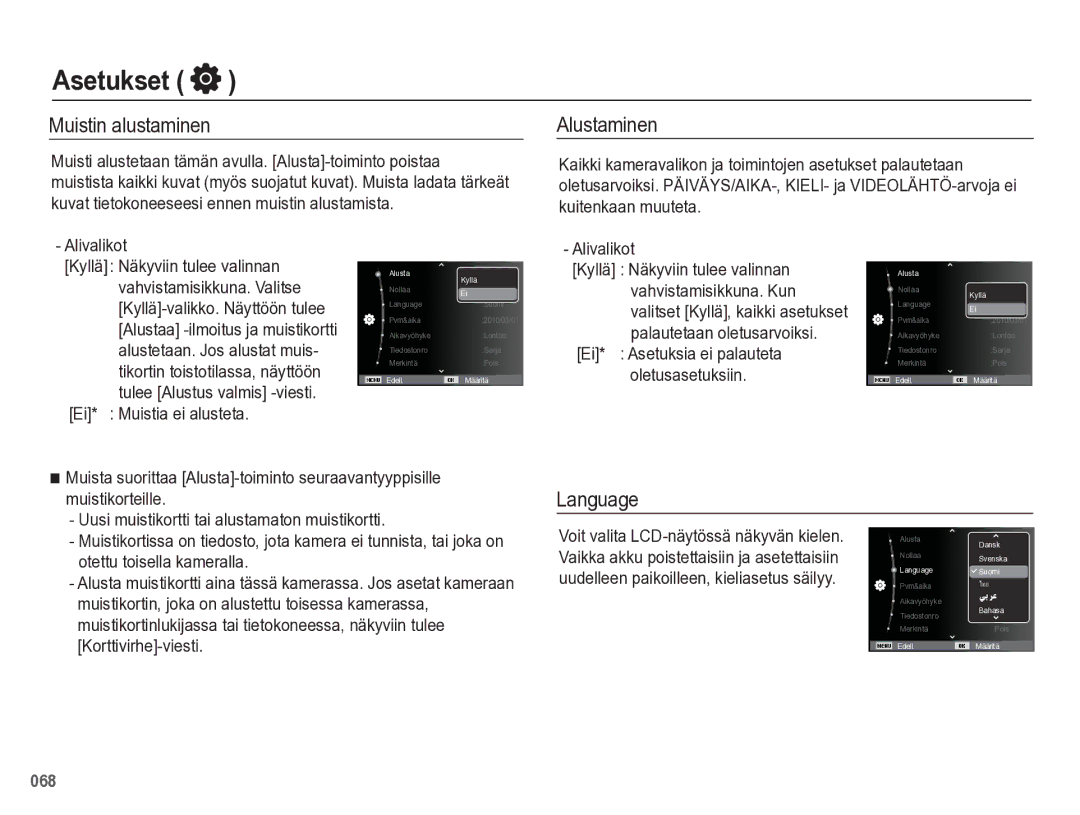 Samsung EC-WB5500BPBE2 manual Asetukset, Muistin alustaminen, Alustaminen, Language, Ei* Muistia ei alusteta 