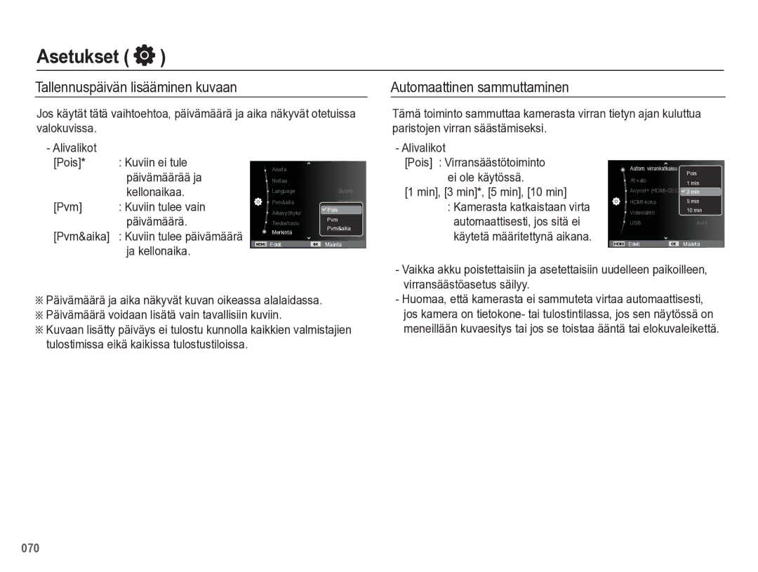 Samsung EC-WB5500BPBE2 manual Tallennuspäivän lisääminen kuvaan, Automaattinen sammuttaminen 