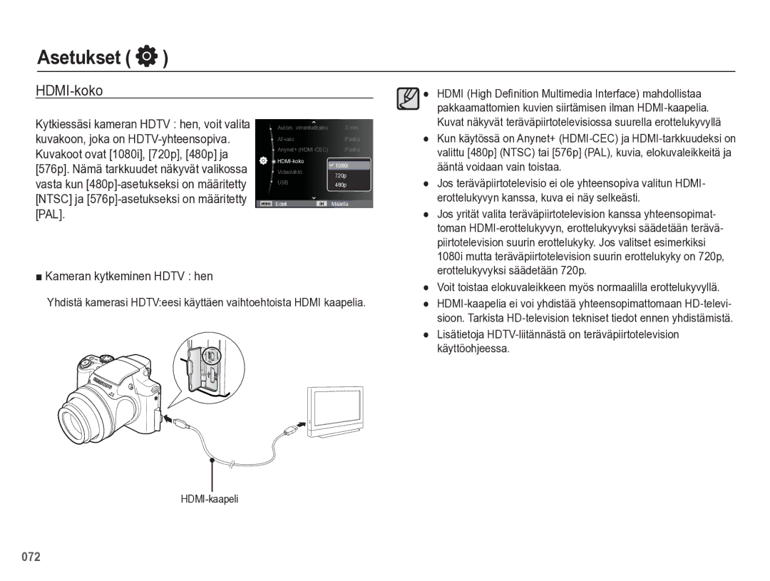 Samsung EC-WB5500BPBE2 manual HDMI-koko, Kameran kytkeminen Hdtv hen 