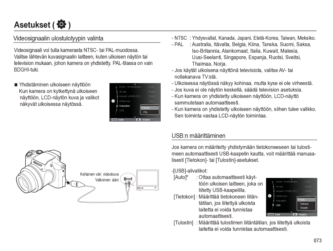 Samsung EC-WB5500BPBE2 manual Videosignaalin ulostulotyypin valinta, USBn määrittäminen 