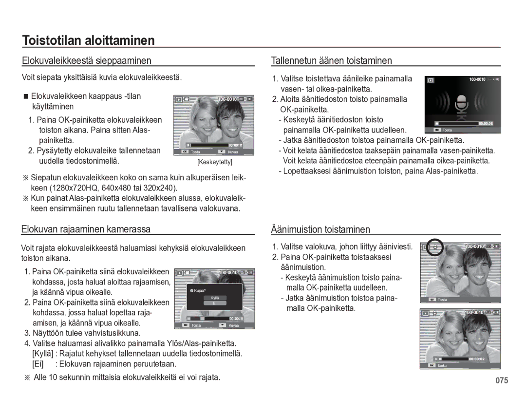 Samsung EC-WB5500BPBE2 manual Elokuvaleikkeestä sieppaaminen, Tallennetun äänen toistaminen 