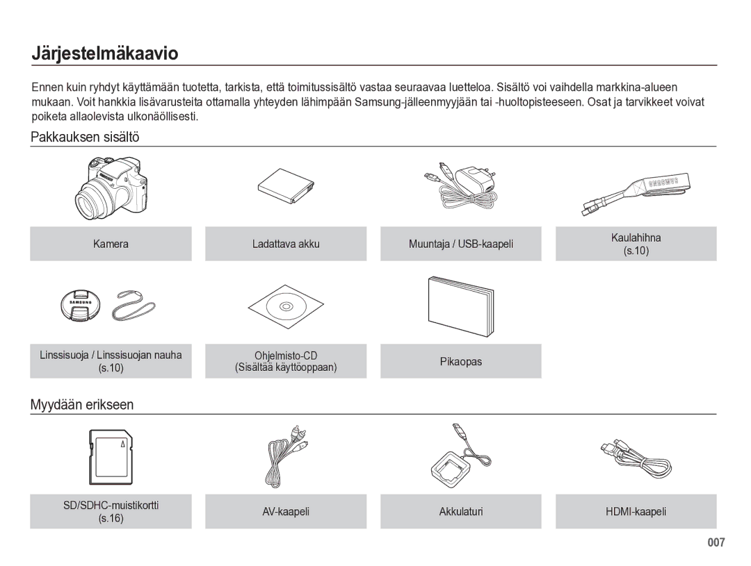 Samsung EC-WB5500BPBE2 manual Järjestelmäkaavio, Pakkauksen sisältö, Myydään erikseen, AV-kaapeli Akkulaturi 