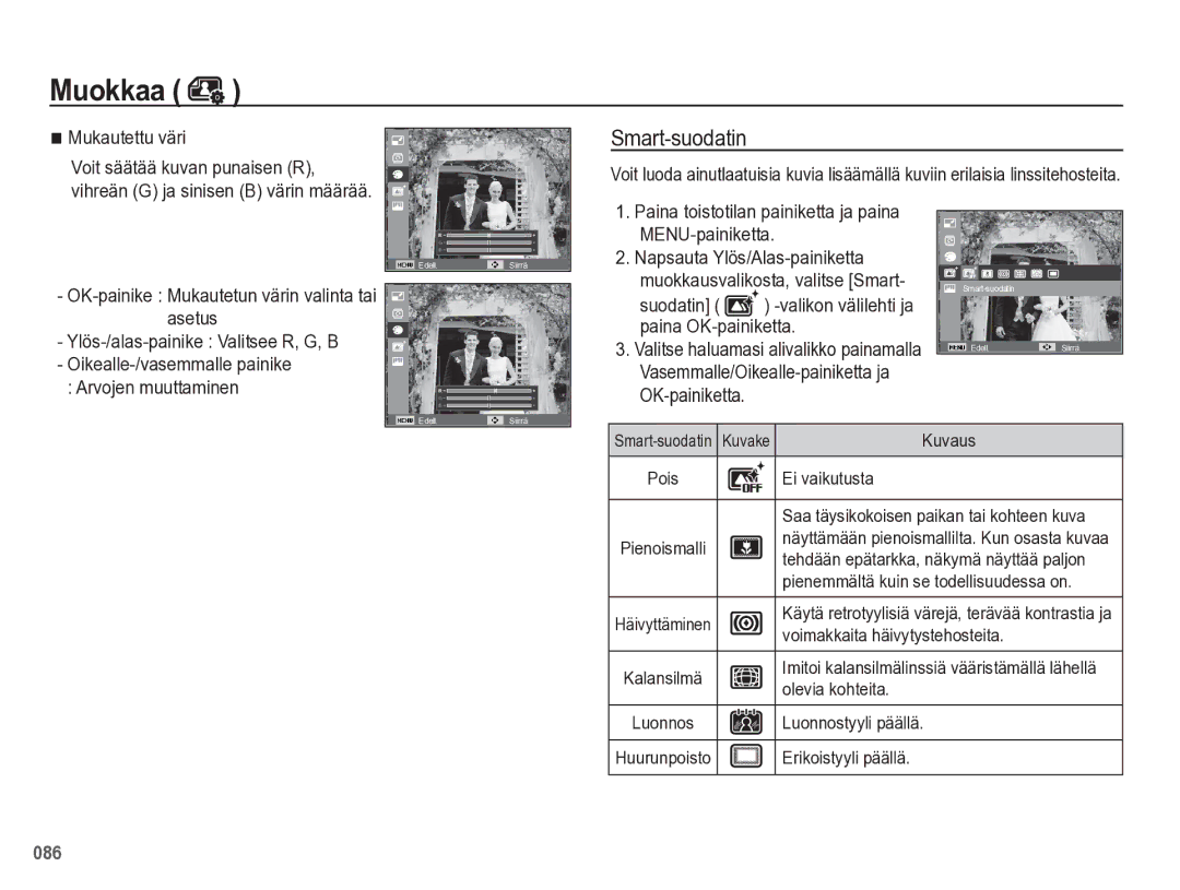 Samsung EC-WB5500BPBE2 manual Mukautettu väri, OK-painike Mukautetun värin valinta tai asetus, Arvojen muuttaminen 