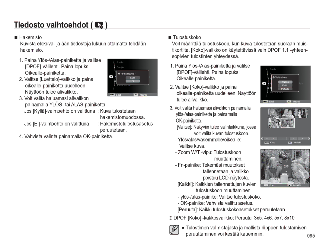 Samsung EC-WB5500BPBE2 manual Näyttöön tulee alivalikko, Hakemistomuodossa, Tulostuskoko, Valitse Koko-valikko ja paina 