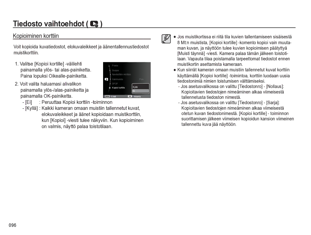 Samsung EC-WB5500BPBE2 manual Kopioiminen korttiin, Paina lopuksi Oikealle-painiketta, Peruuttaa Kopioi korttiin -toiminnon 