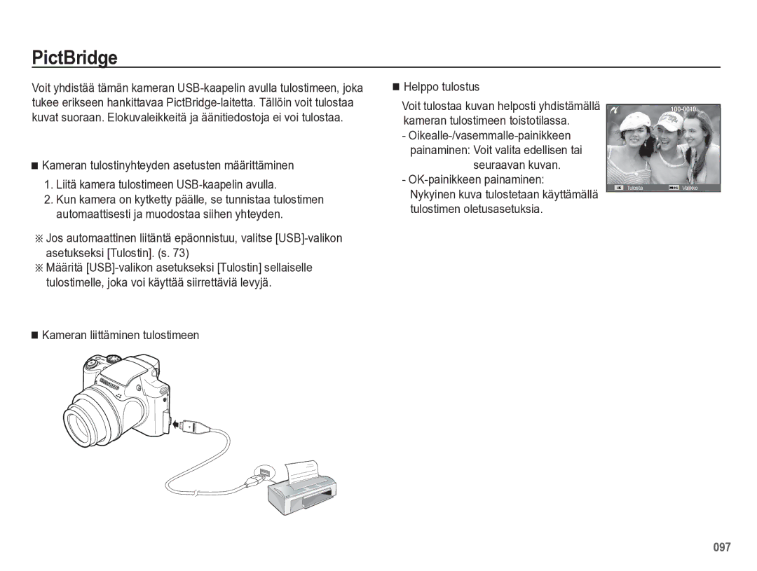 Samsung EC-WB5500BPBE2 manual PictBridge, Kameran liittäminen tulostimeen Helppo tulostus 