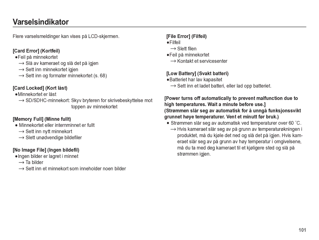 Samsung EC-WB5500BPBE2 manual Varselsindikator, Card Error Kortfeil, File Error Filfeil 