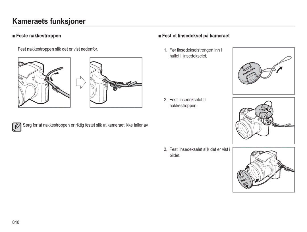 Samsung EC-WB5500BPBE2 Feste nakkestroppen, Fest et linsedeksel på kameraet, Fest nakkestroppen slik det er vist nedenfor 