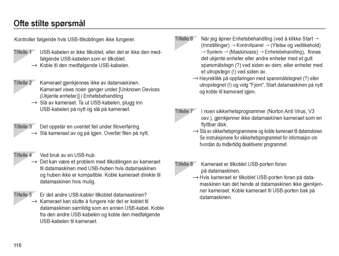 Samsung EC-WB5500BPBE2 manual Ofte stilte spørsmål, Kontroller følgende hvis USB-tilkoblingen ikke fungerer 