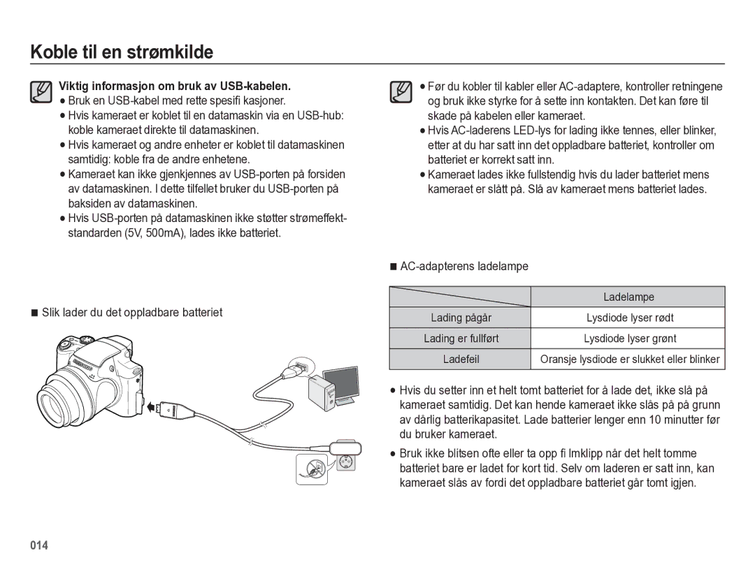 Samsung EC-WB5500BPBE2 Viktig informasjon om bruk av USB-kabelen, Bruk en USB-kabel med rette spesiﬁ kasjoner, Ladelampe 