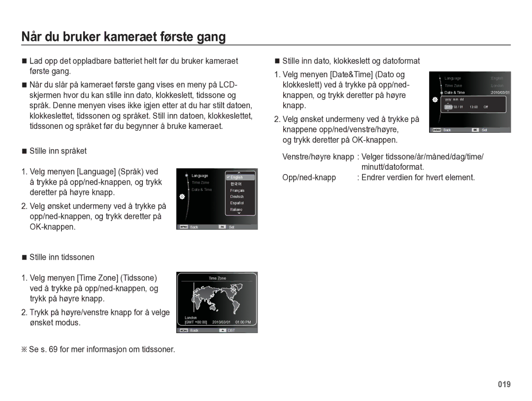 Samsung EC-WB5500BPBE2 manual Når du bruker kameraet første gang, Og trykk deretter på OK-knappen, Stille inn språket 