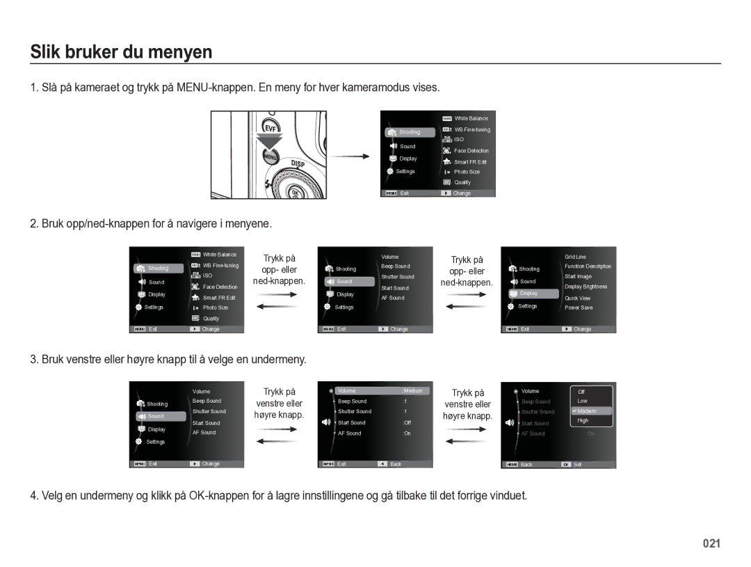 Samsung EC-WB5500BPBE2 manual Slik bruker du menyen, Bruk opp/ned-knappen for å navigere i menyene 