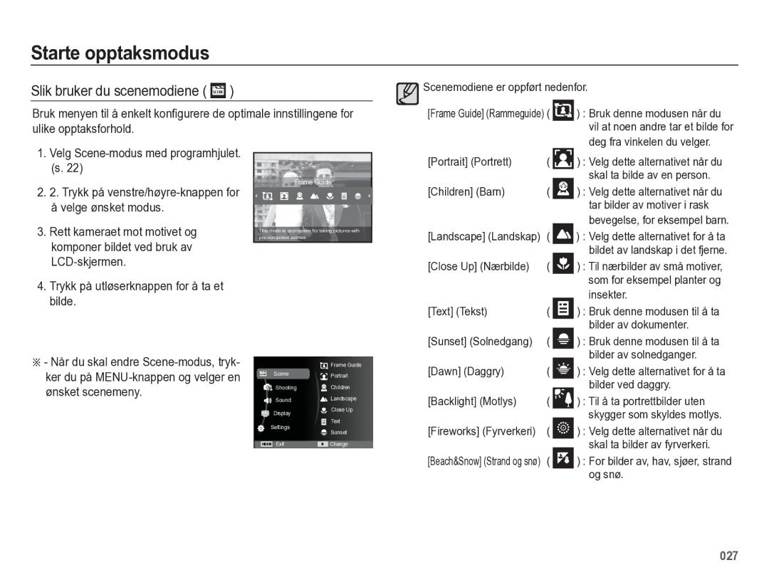 Samsung EC-WB5500BPBE2 manual Slik bruker du scenemodiene, Velg Scene-modus med programhjulet. s, Velge ønsket modus 