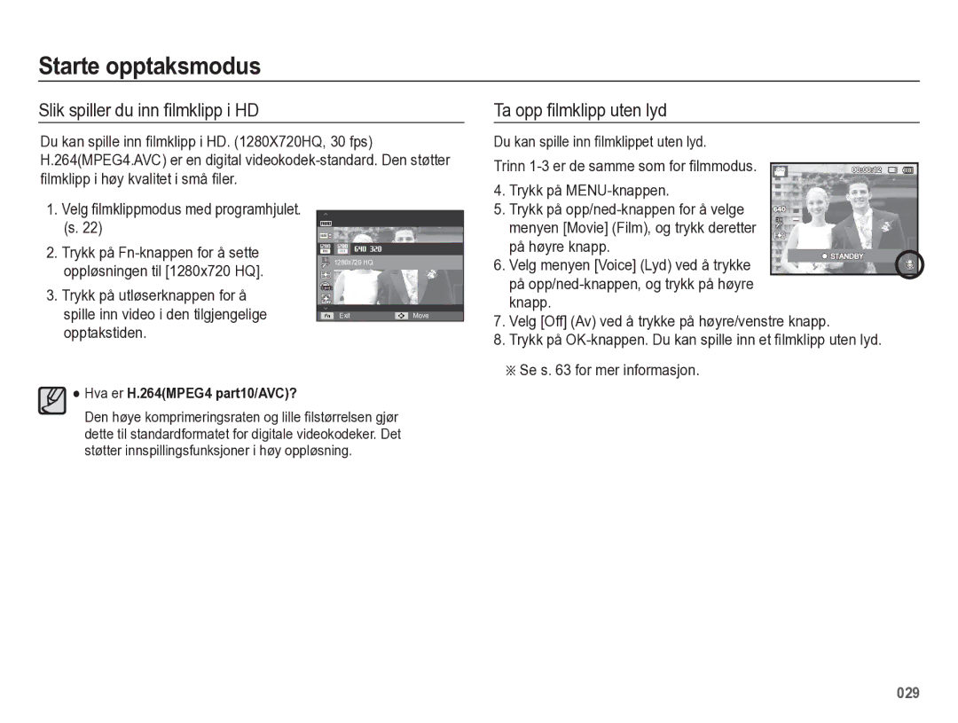 Samsung EC-WB5500BPBE2 manual Slik spiller du inn ﬁlmklipp i HD, Ta opp ﬁlmklipp uten lyd, Trykk på Fn-knappen for å sette 