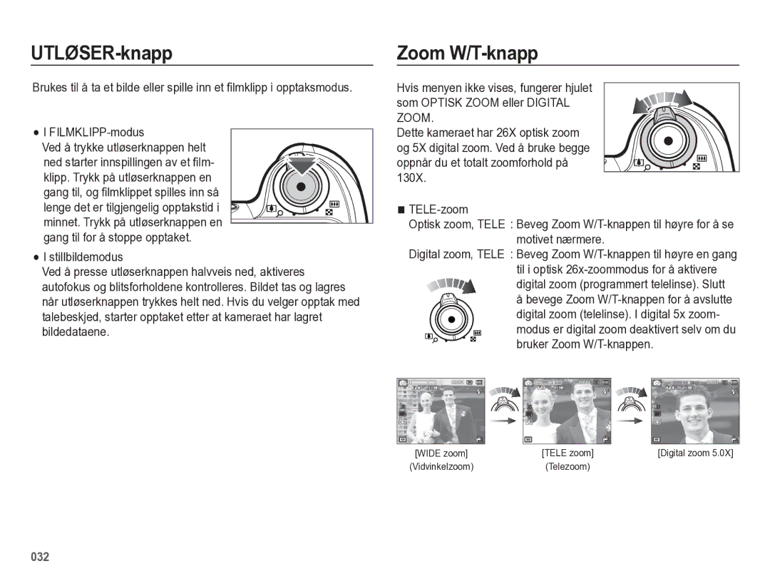 Samsung EC-WB5500BPBE2 manual UTLØSER-knapp, Zoom W/T-knapp, FILMKLIPP-modus Ved å trykke utløserknappen helt 