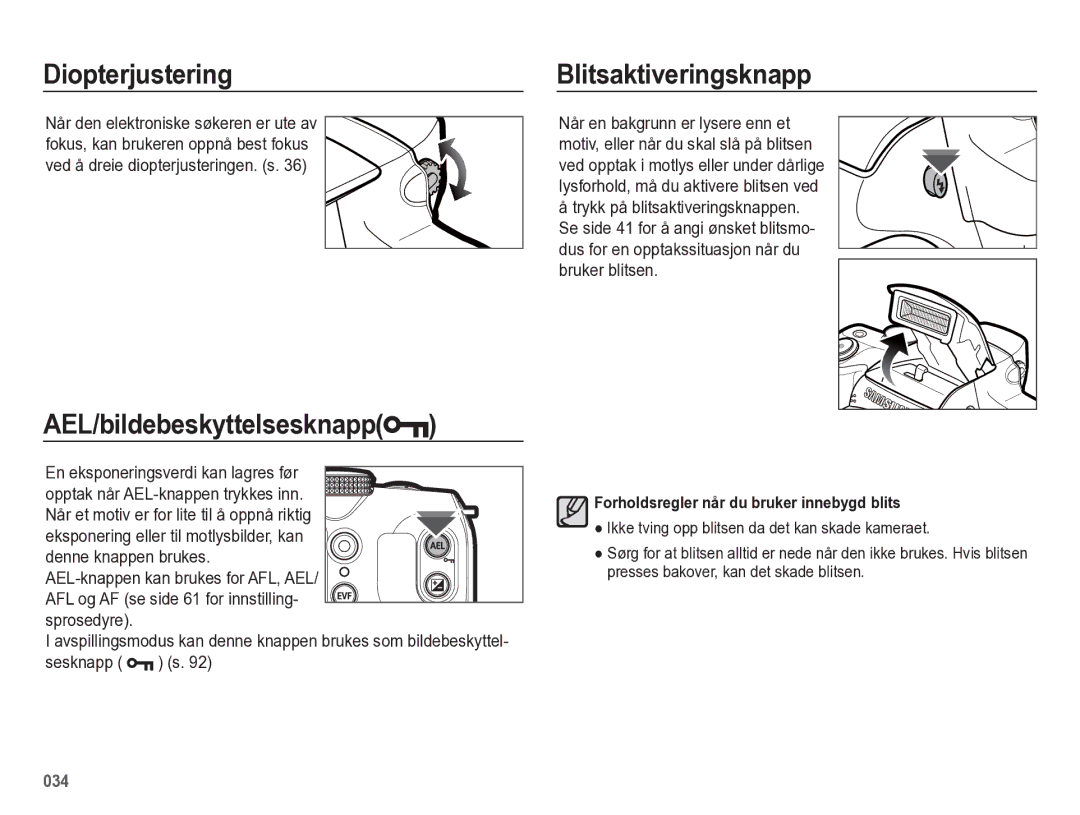 Samsung EC-WB5500BPBE2 manual Diopterjustering, AEL/bildebeskyttelsesknapp, Blitsaktiveringsknapp, Sesknapp 