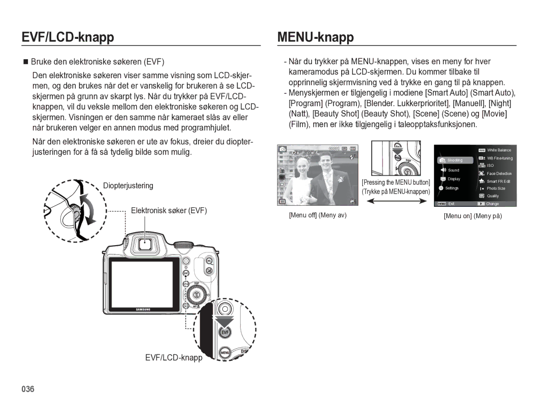 Samsung EC-WB5500BPBE2 manual MENU-knapp, Bruke den elektroniske søkeren EVF, EVF/LCD-knapp 