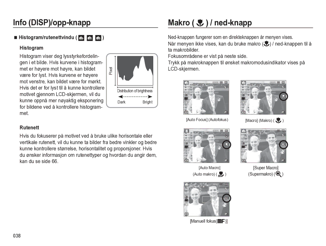 Samsung EC-WB5500BPBE2 manual Info DISP/opp-knapp Makro / ned-knapp, Histogram, Rutenett 