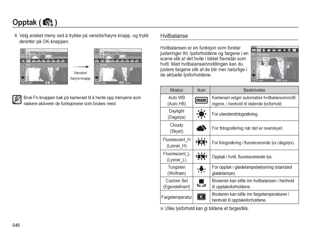 Samsung EC-WB5500BPBE2 manual Hvitbalanse, Ulike lysforhold kan gi bildene et fargestikk 