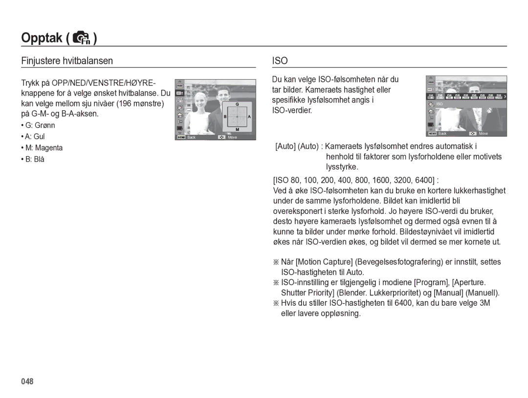 Samsung EC-WB5500BPBE2 manual Finjustere hvitbalansen, Trykk på OPP/NED/VENSTRE/HØYRE, Grønn Gul, Magenta Blå 