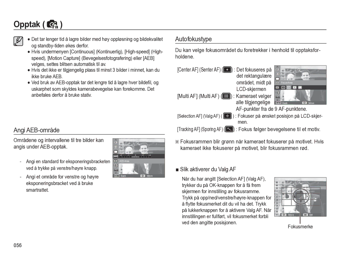 Samsung EC-WB5500BPBE2 manual Autofokustype, Angi AEB-område, Holdene, AF-punkter fra de 9 AF-punktene 