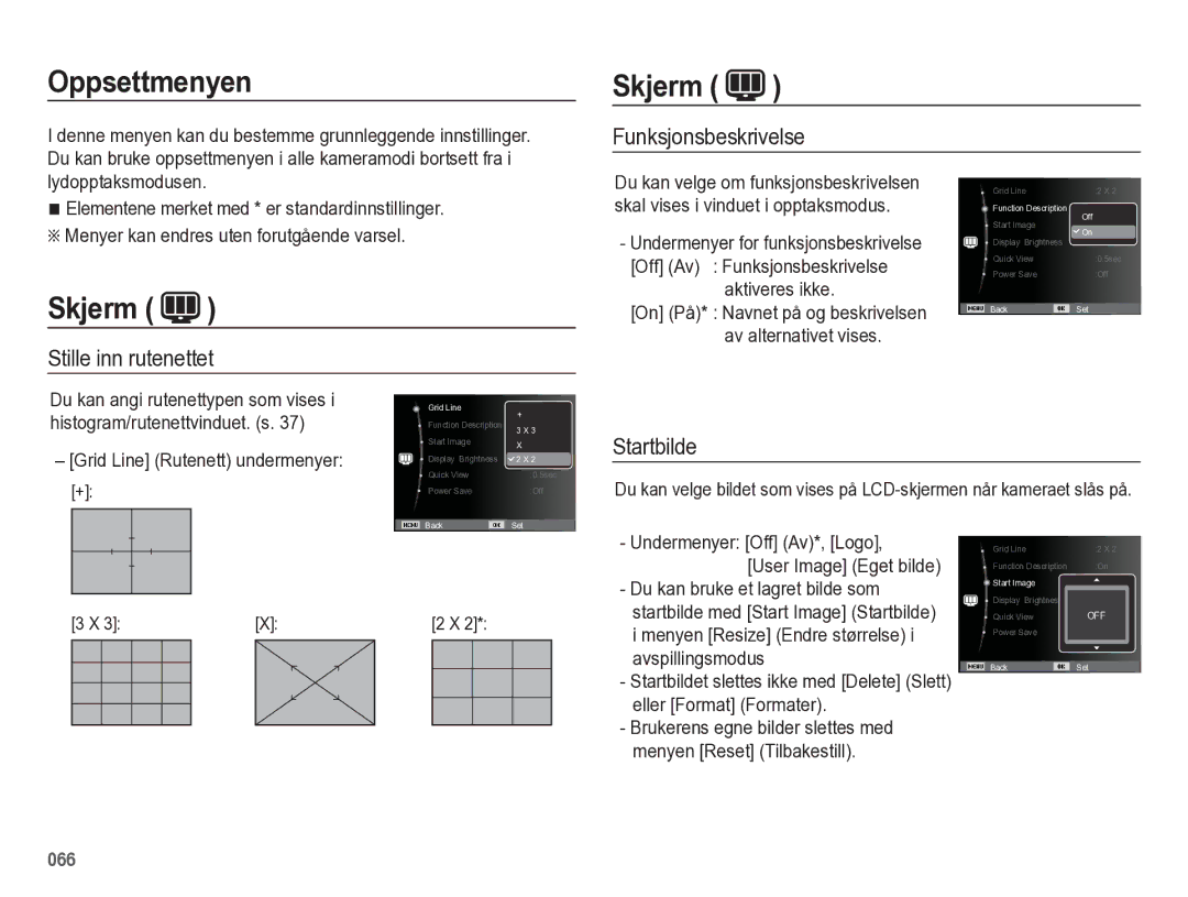 Samsung EC-WB5500BPBE2 manual Oppsettmenyen, Skjerm, Funksjonsbeskrivelse, Stille inn rutenettet, Startbilde 
