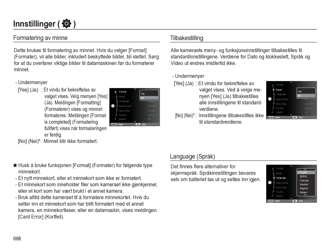 Samsung EC-WB5500BPBE2 manual Innstillinger, Formatering av minne, Tilbakestilling, Language Språk 