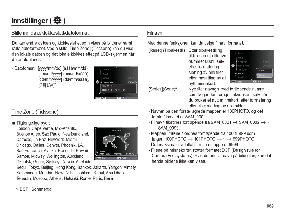 Samsung EC-WB5500BPBE2 manual Stille inn dato/klokkeslett/datoformat, Time Zone Tidssone, Filnavn 