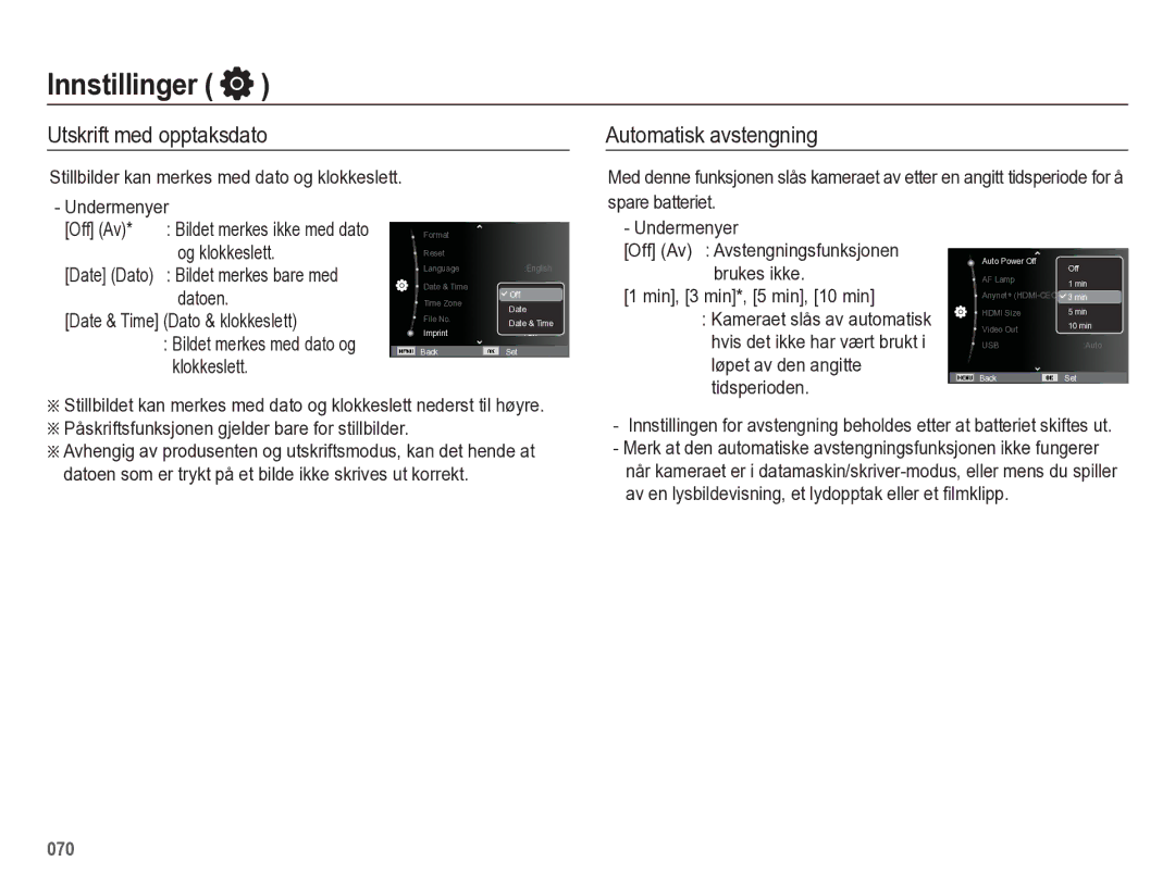 Samsung EC-WB5500BPBE2 manual Utskrift med opptaksdato, Automatisk avstengning 