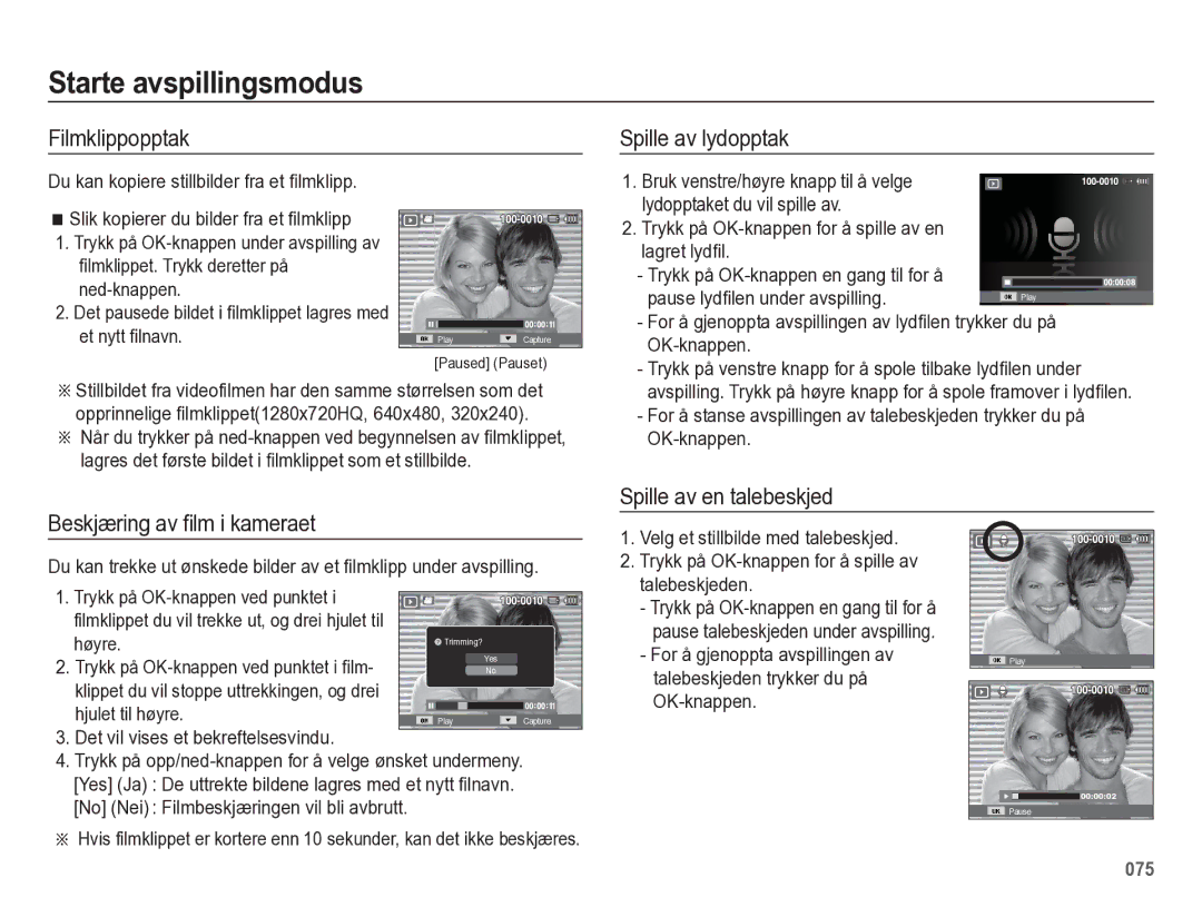 Samsung EC-WB5500BPBE2 manual Filmklippopptak, Spille av lydopptak, Spille av en talebeskjed Beskjæring av ﬁlm i kameraet 