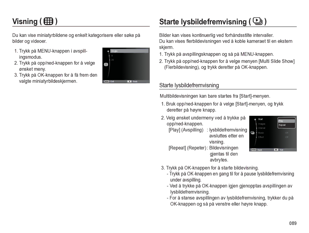 Samsung EC-WB5500BPBE2 manual Visning, Starte lysbildefremvisning 