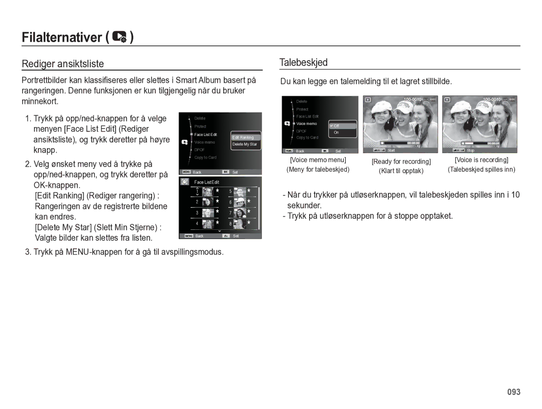 Samsung EC-WB5500BPBE2 manual Rediger ansiktsliste, Du kan legge en talemelding til et lagret stillbilde, Knapp, Kan endres 