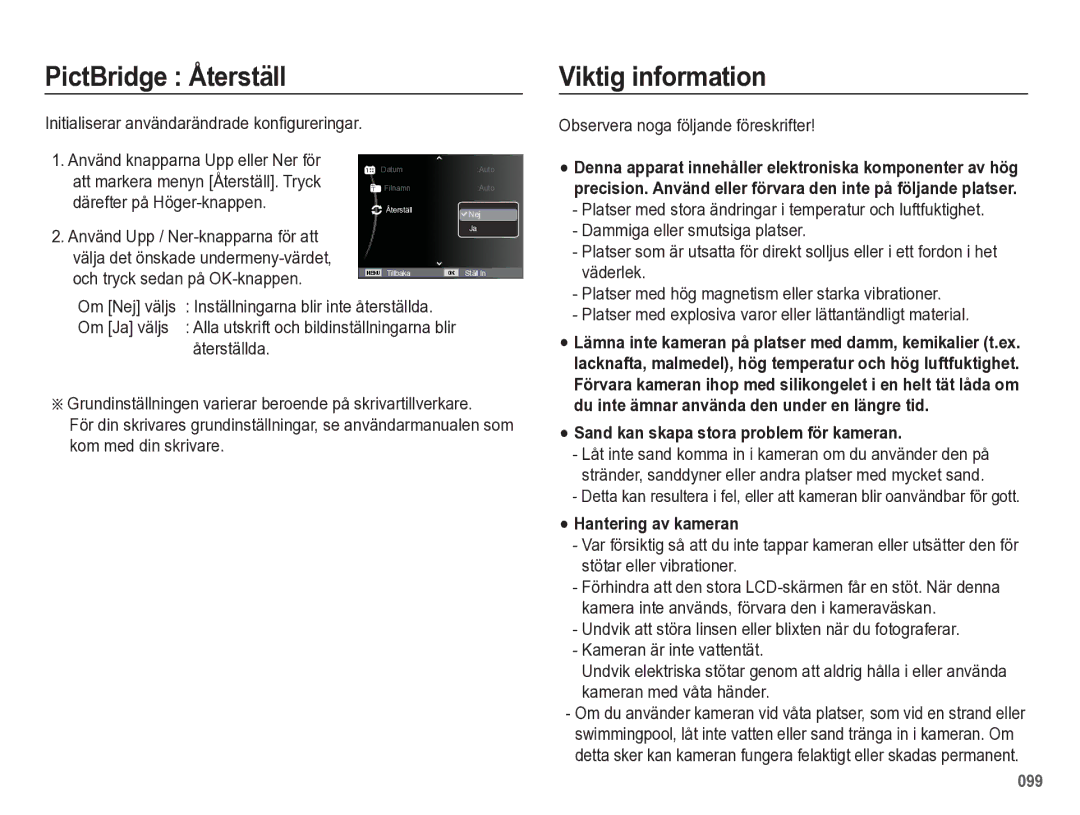 Samsung EC-WB5500BPBE2 manual PictBridge Återställ Viktig information, Sand kan skapa stora problem för kameran 