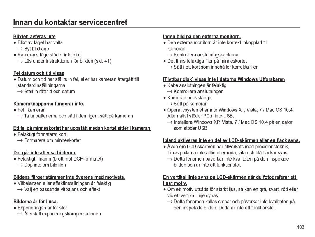 Samsung EC-WB5500BPBE2 manual Blixten avfyras inte, Fel datum och tid visas, Kameraknapparna fungerar inte 