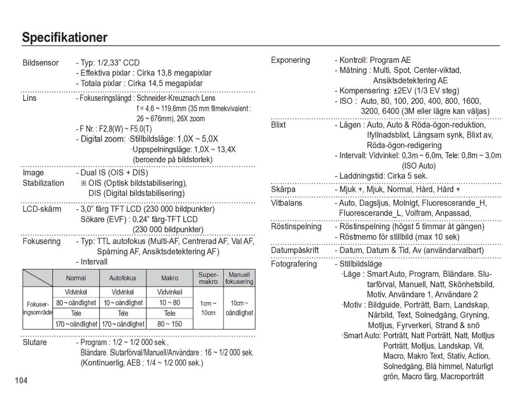 Samsung EC-WB5500BPBE2 manual Speciﬁkationer 